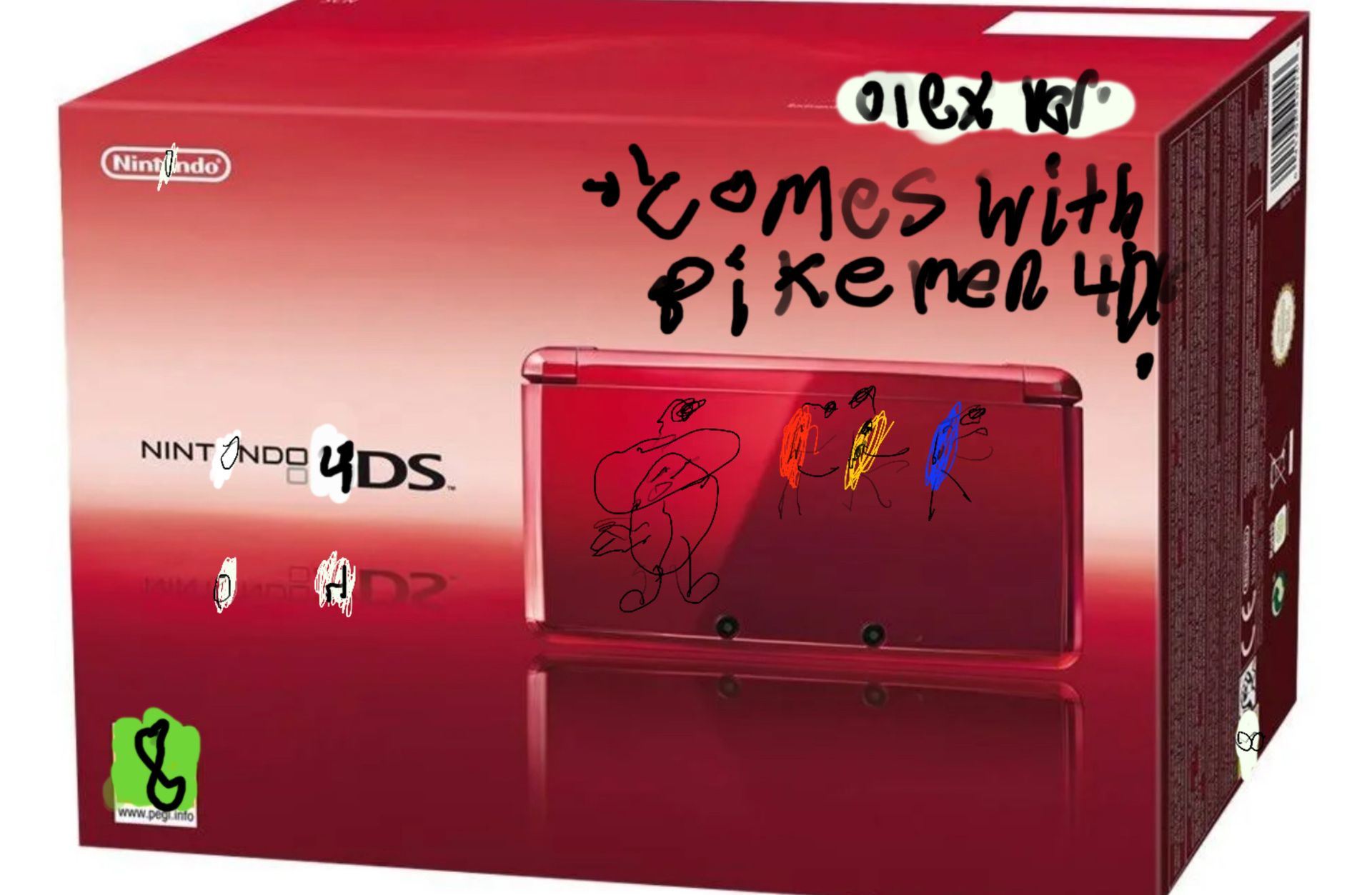 A red box for the fictional Nintondo 4DS console, a hand drawn and misspelled “comes with pikemen 4D” is written on the top of the box. A drawing of Pikmin is added to the console.