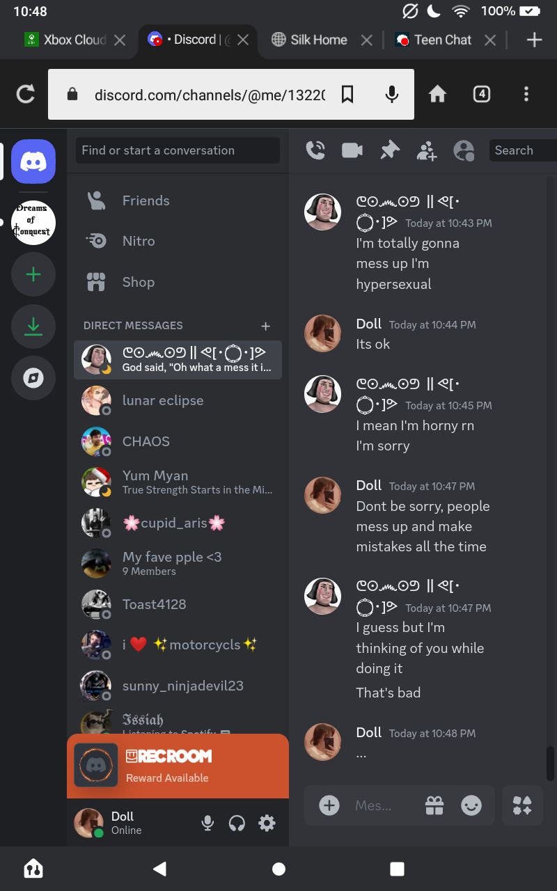 A screenshot of a Discord chat between two users. The first user, with the name Doll, admits to being hypersexual and horny. The second user initially responds with understanding, but then states that they were thinking of the first user while they were having these feelings. The first user responds with "That's bad."