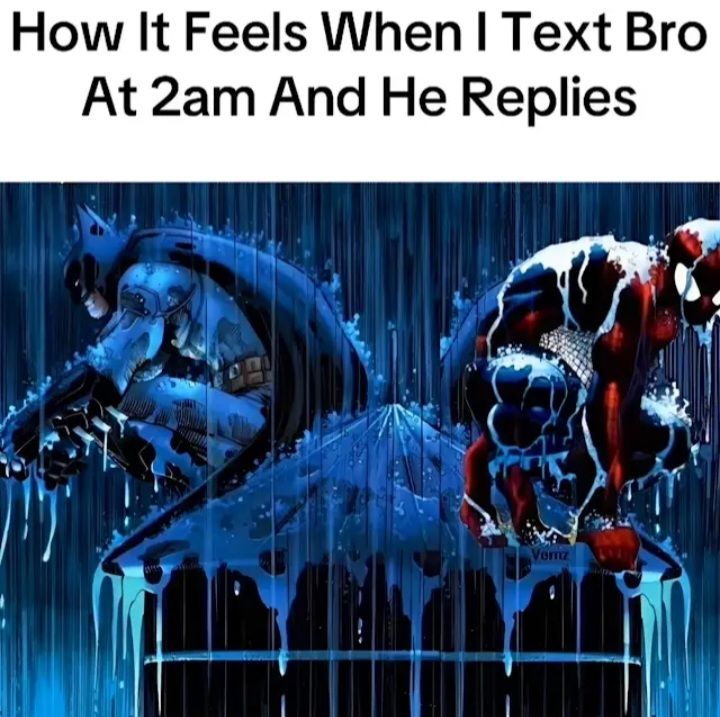 The image shows Batman and Spider-Man standing in the rain. The text reads: "How It Feels When I Text Bro At 2am And He Replies."