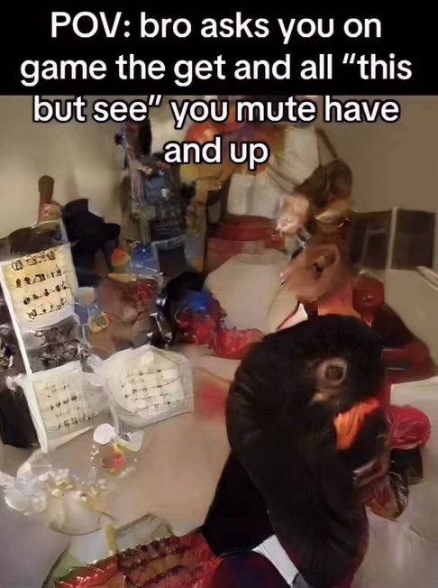 The image shows a close-up, distorted view of a duck or similar bird, with a chaotic scene in the background of what appears to be a messy room. Text at the top reads: "POV: bro asks you on game the get and all 'this but see' you mute and up."