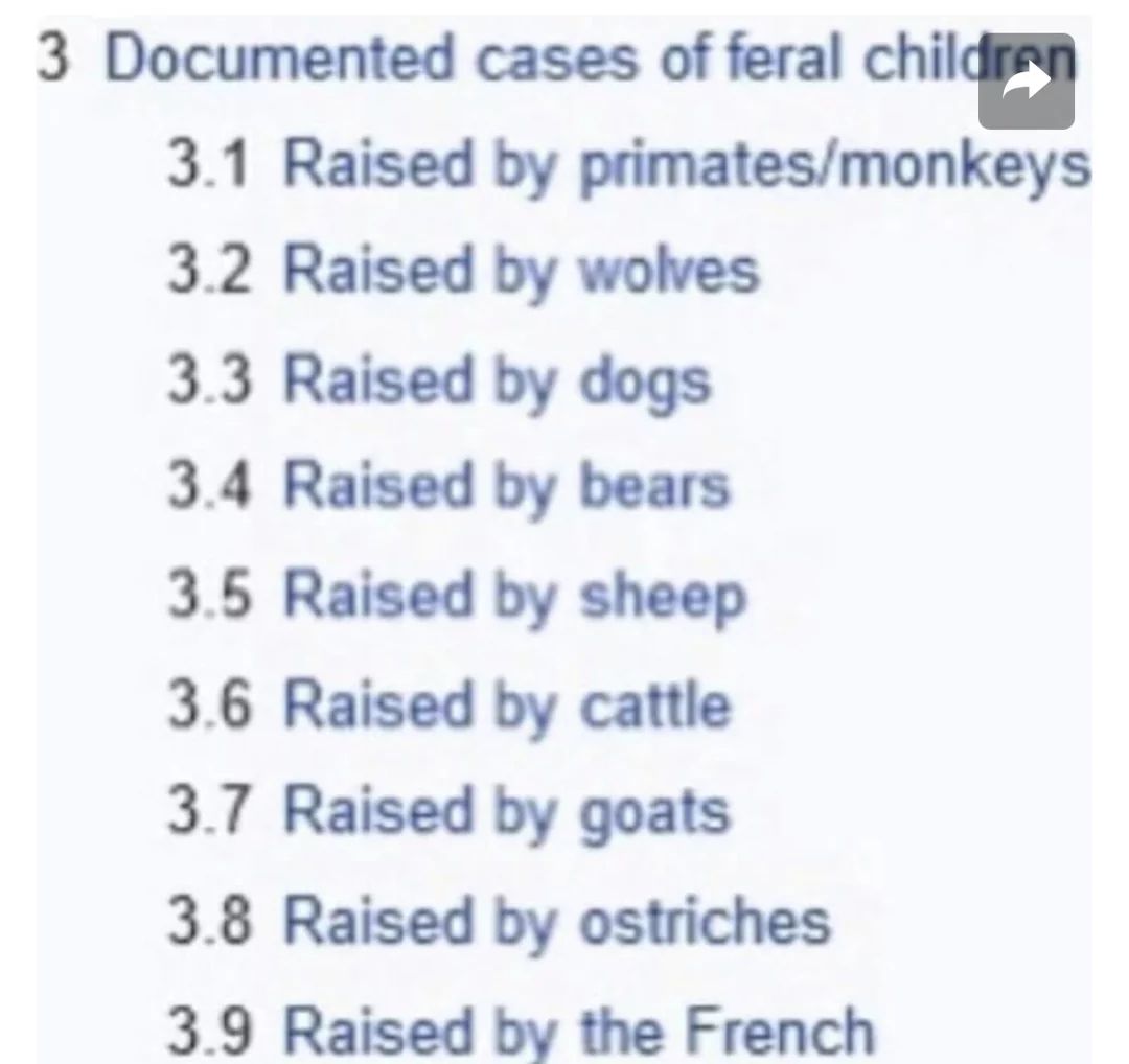 A list of documented cases of feral children including primates, wolves, dogs, bears, sheep, cattle, goats, and ostriches. The list ends with: 3.9 Raised by the French.