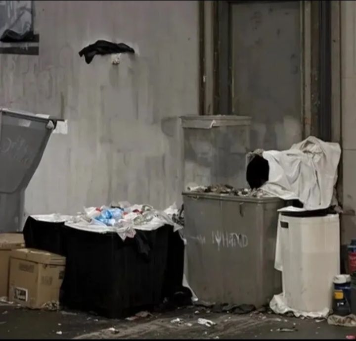 A photo of trash bins overflowing with waste, with more trash scattered on the ground and a black piece of cloth hung on the wall.