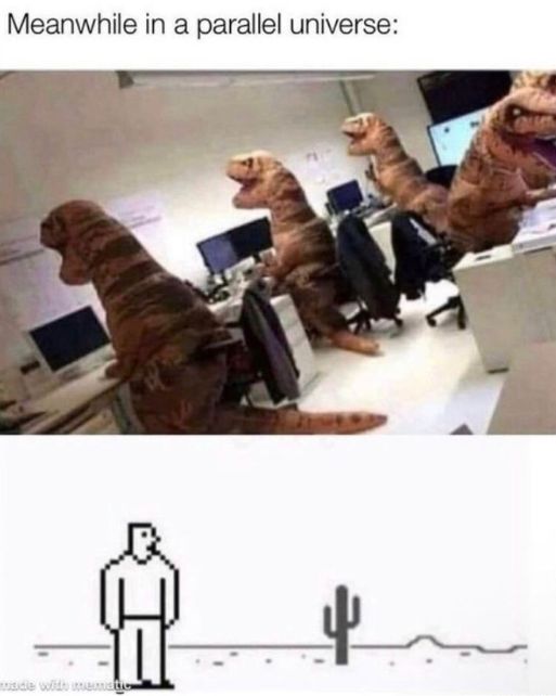 The image shows two scenes. The top scene depicts three dinosaurs sitting at desks in an office, using computers. The bottom scene is a simple 8 bit game with a man facing a cactus in a desert.