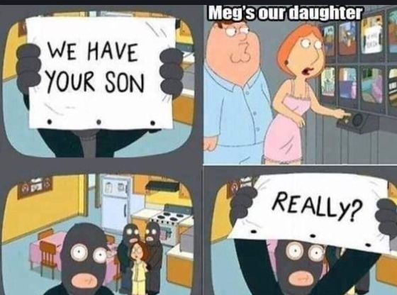 The image shows four panels from the cartoon "Family Guy." In the upper left panel, a pair of black-gloved hands holds a sign that says, "WE HAVE YOUR SON." In the upper right, Peter and Lois Griffin are looking at a wall of television screens, and there is a caption on the panel that says, "Meg's our daughter." In the lower-left panel, three figures in black ski masks are shown with Meg. In the lower right, black-gloved hands hold up a sign that says, "REALLY?"