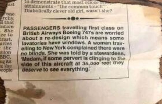 A newspaper clipping with text about a woman complaining about airplane bathroom windows and a stewardess replying that if there is a pervert clinging to the plane, they deserve to see everything.