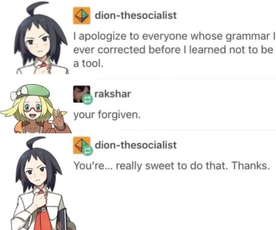 A screenshot of a social media conversation. The first message is from dion-thesocialist, who apologizes for correcting people's grammar. The second message is from rakshar, who forgives them. The last message is from dion-thesocialist, who thanks rakshar for being sweet.