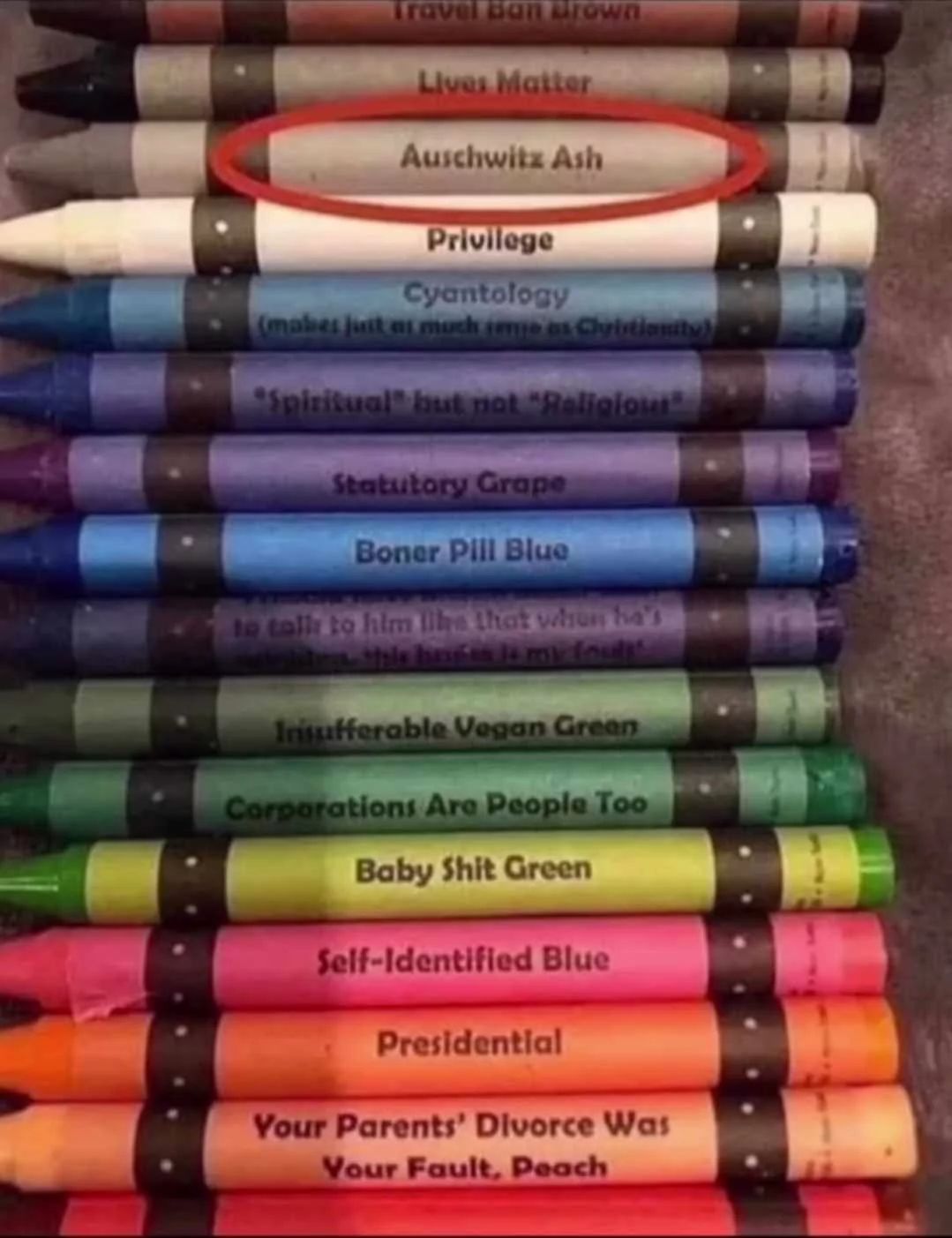 A stack of crayons with labels that appear to be satirical. The labels include "Travel Ban Brown", "Lives Matter", "Auschwitz Ash", "Privilege", "Cyantology", "Spiritual but not Religious", "Statutory Grape", "Boner Pill Blue", "Insufferable Vegan Green", "Corporations Are People Too", "Baby Shit Green", "Self-Identified Blue", "Presidential", and "Your Parents' Divorce Was Your Fault, Peach".