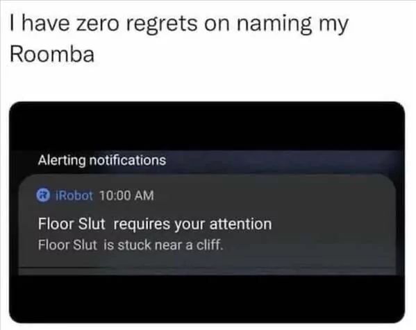 A notification from iRobot at 10:00 AM states: "Floor Slut requires your attention. Floor Slut is stuck near a cliff." Above this is text stating: "I have zero regrets on naming my Roomba."