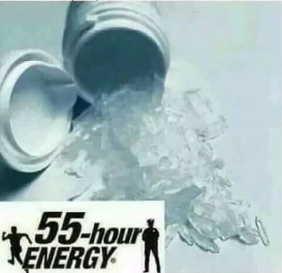 A white bottle spilling a large amount of crystal-like substance, with a logo of a running person and a standing police officer next to the text "55-hour ENERGY".