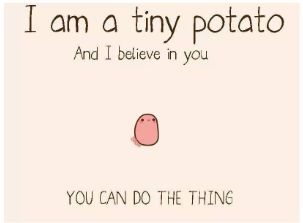 A tiny, pink, cartoon potato is in the middle of the image. Above the potato it reads, "I am a tiny potato. And I believe in you". Below the potato it says, "YOU CAN DO THE THING".