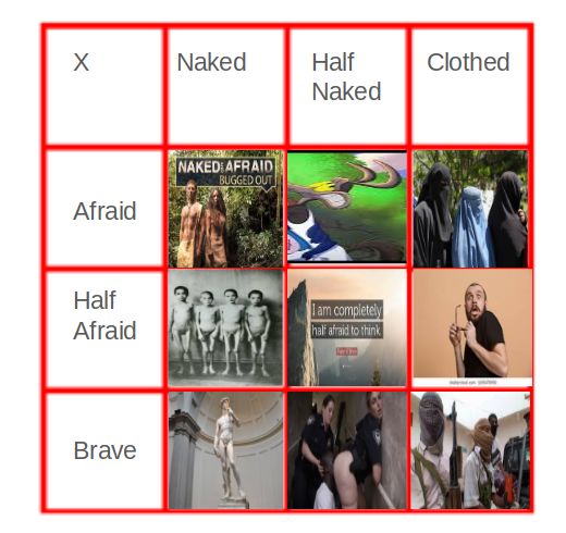 The image is a bingo grid with nine cells. The first row of cells lists the categories 'X', 'Naked', 'Half Naked', and 'Clothed'. The first cell in the second row has the text 'Afraid', and the cell below contains an image of the cover of the tv show 'Naked and Afraid'. The second cell in this row contains a picture of a cartoon character with a crazy expression. The third cell contains an image of women with burqas. The first cell in the third row has the text 'Half Afraid', and the cell below it shows four children without clothes. The second cell contains a picture with the text 'I am completely half afraid to think'. The third cell shows a man holding glasses with an expression of shock and fear. The first cell of the final row has the text 'Brave'. The cell below contains a picture of a David's statue. The second cell shows a women's bottom and legs being bent over. The last cell shows men with rifles and headscarves.