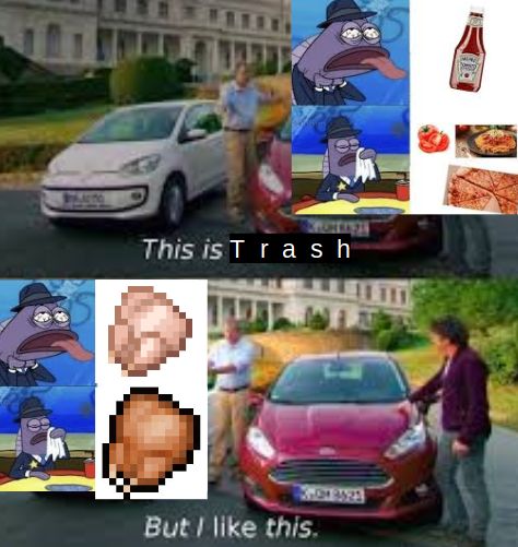 The image shows two different cars. The top car has a white frame and is associated with a disgusted looking cartoon fish, ketchup, tomatoes, spaghetti, and pizza. Above this image are the words, "This is Trash". The bottom car has a red frame and is associated with two pixelated chicken thighs and the same cartoon fish looking content. Above this is the phrase, "But I like this."