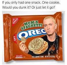 A package of 'Mom's Spaghetti' Oreos, with a picture of Eminem on it. The text above reads 'If you only had one snack. One cookie. Would you dunk it? Or just let it go?'