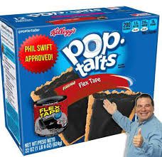 The image shows a box of Pop-Tarts with the flavor "Flex Tape". The packaging has a red circle stating "Phil Swift approved!" The graphic shows two Pop-Tarts filled with black Flex Tape and a small Flex Tape container on the lower left. Phil Swift is giving a thumbs-up on the right.