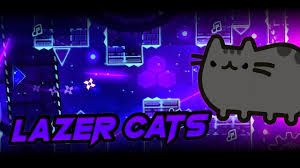 A gray cartoon cat is visible in the foreground. The background is a video game level with geometric shapes and a purple color scheme. The text "LAZER CATS" is overlayed in the lower part of the image.