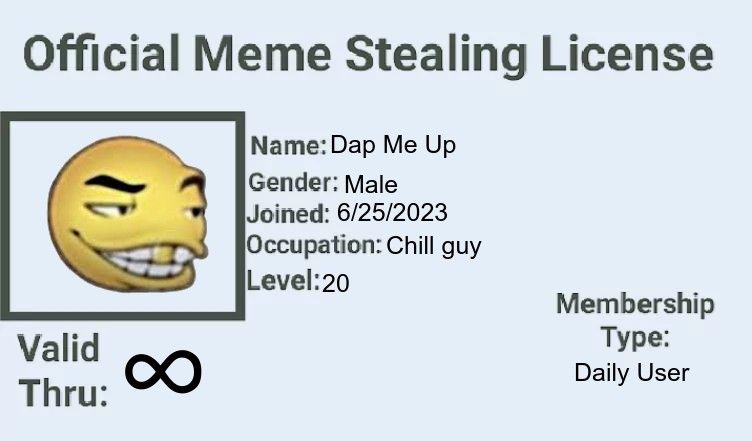 The image is a fake license titled "Official Meme Stealing License". It includes a picture of a cartoon face and text specifying: Name: Dap Me Up, Gender: Male, Joined: 6/25/2023, Occupation: Chill guy, Level: 20. Valid Thru: ∞. It also says, Membership Type: Daily User.