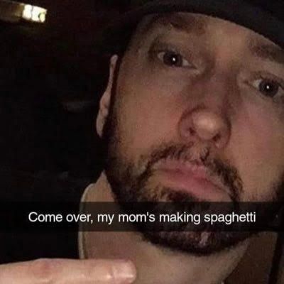 A close-up of a man's face with a serious expression. Below the image is the text, "Come over, my mom's making spaghetti."