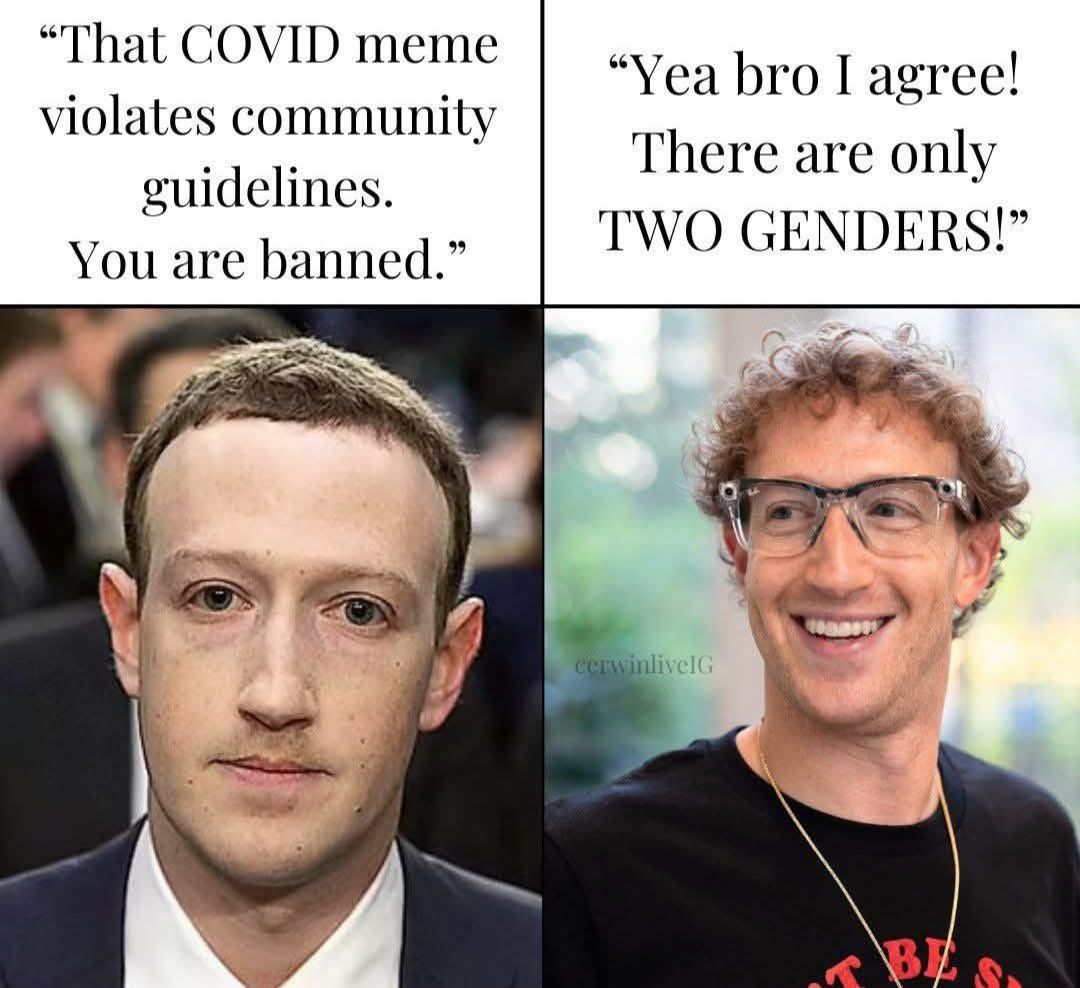 The image is divided into two panels. The left panel shows Mark Zuckerberg with a serious expression, accompanied by text that reads "That COVID meme violates community guidelines. You are banned." The right panel shows a smiling Mark Zuckerberg with glasses, and the text says, "Yea bro I agree! There are only TWO GENDERS!"