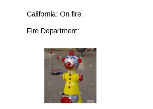 The image shows a meme with text stating "California: On fire." and "Fire Department:". Below this text is an image of a silver and yellow fire hydrant that is designed to look like a cartoon clown.