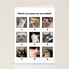 A grid of nine different cat images, each with a different facial expression. Above the grid is the question "Which cat meme are you today?"