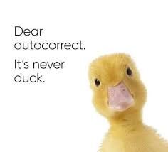 A yellow duckling looking at the viewer. The text in the image says "Dear autocorrect. It's never duck."