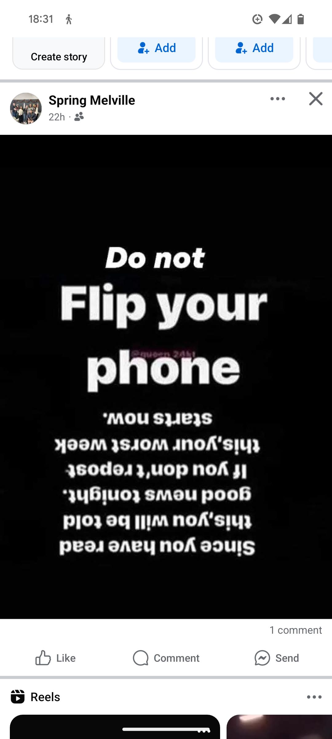 A text-based image with the instruction "Do not flip your phone" at the top. Underneath that, the text is written upside down: "Since you have read this, you will be told good news tonight. If you don't repost this, your worst week starts now."