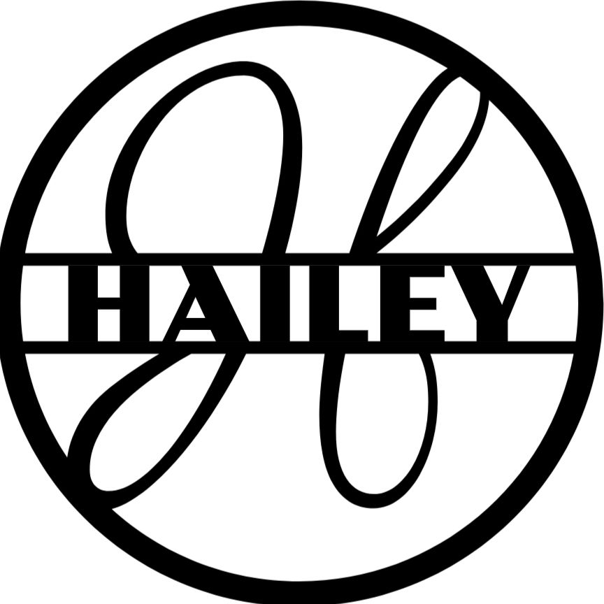 A circular black graphic with the name HAILEY written horizontally across the center, a stylized H and I are on either side of the name.