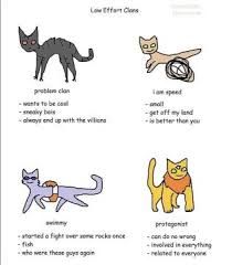 Four cartoon cats are depicted with descriptions of their character. The first cat is a black cat labelled "problem clan" and described as wanting to be cool, being sneaky, and always ending up with villains. The second cat is a beige cat labeled "I am speed" and described as being small, saying "get off my land," and thinking it is better than you. The third cat is a light blue cat labeled "swimmy" and described as starting a fight over some rocks, eating fish and forgetting who some people are. The last cat is an orange cat labeled "protagonist" and described as doing no wrong, being involved in everything, and related to everyone.