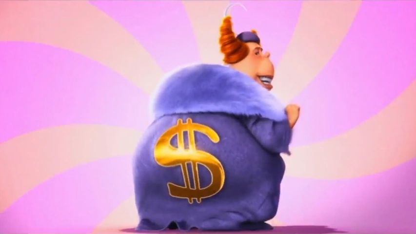 A cartoon character with an orange hairstyle, a blue fur collar and a blue bag with a dollar sign on the back is standing with his fists clenched. The background is pink with a swirly pattern.