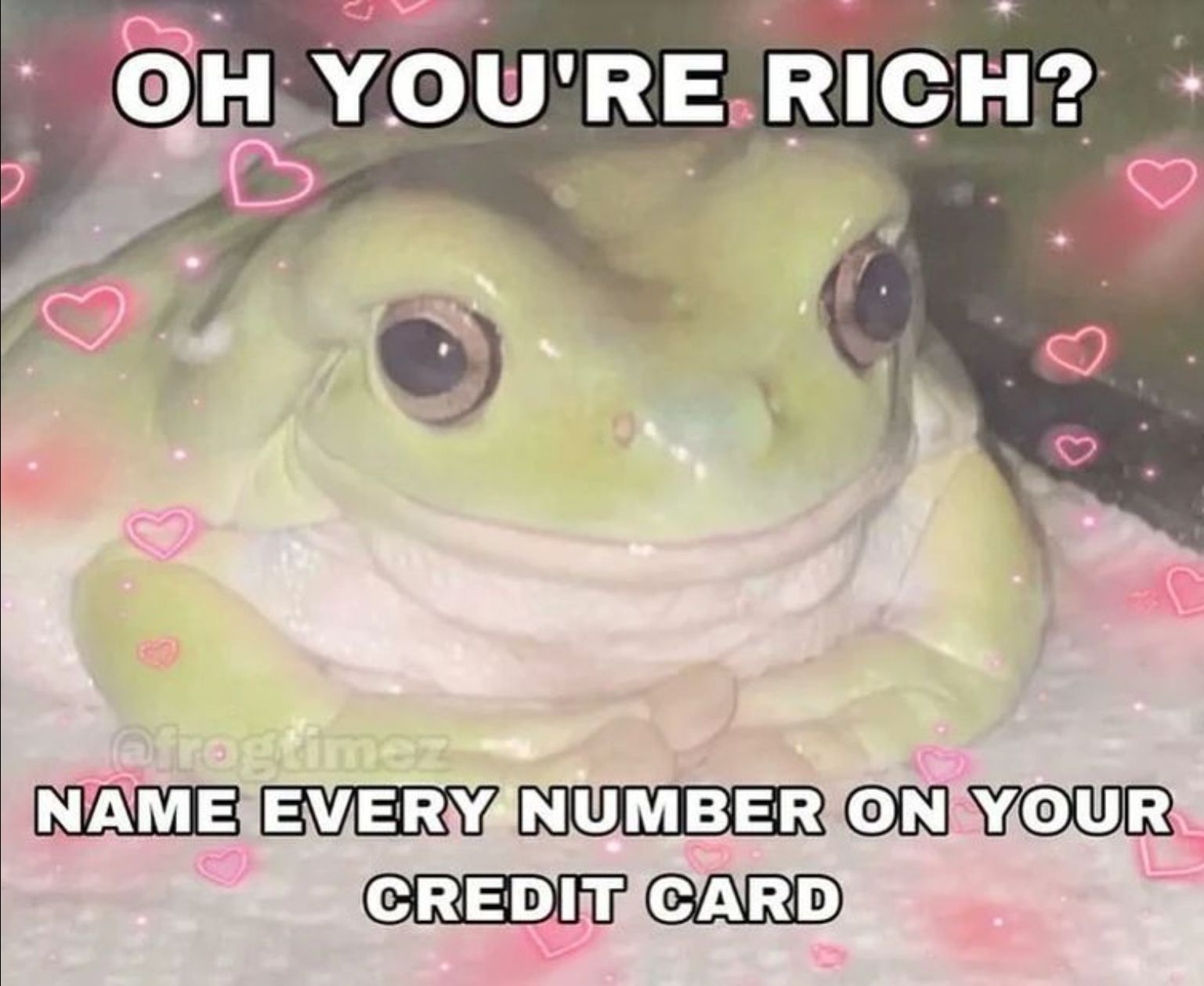 A light green frog with a serious look is surrounded by pink hearts. The text says "OH YOU'RE RICH? NAME EVERY NUMBER ON YOUR CREDIT CARD"