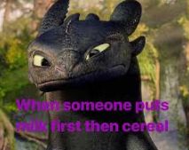 A black dragon is looking to the left with an annoyed face. The text overlayed on the image says "When someone puts milk first then cereal."