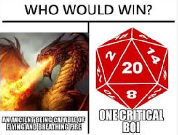 The image is a meme with a split panel. The left side shows a fierce red dragon exhaling fire, with the text "AN ANCIENT BEING CAPABLE OF FLYING AND BREATHING FIRE." The right side shows a red 20-sided die, with the text "ONE CRITICAL BOI." Above both panels, it reads "WHO WOULD WIN?"