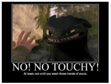 A black dragon with yellow eyes and white teeth looks directly at the viewer, while a hand is reaching for him. The text says "NO! NO TOUCHY! At least, not until you wash those hands of yours."