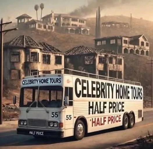 A white tour bus with "CELEBRITY HOME TOURS" written on its side and "HALF PRICE" below and on the front is in the foreground. In the background are run-down, abandoned-looking houses.