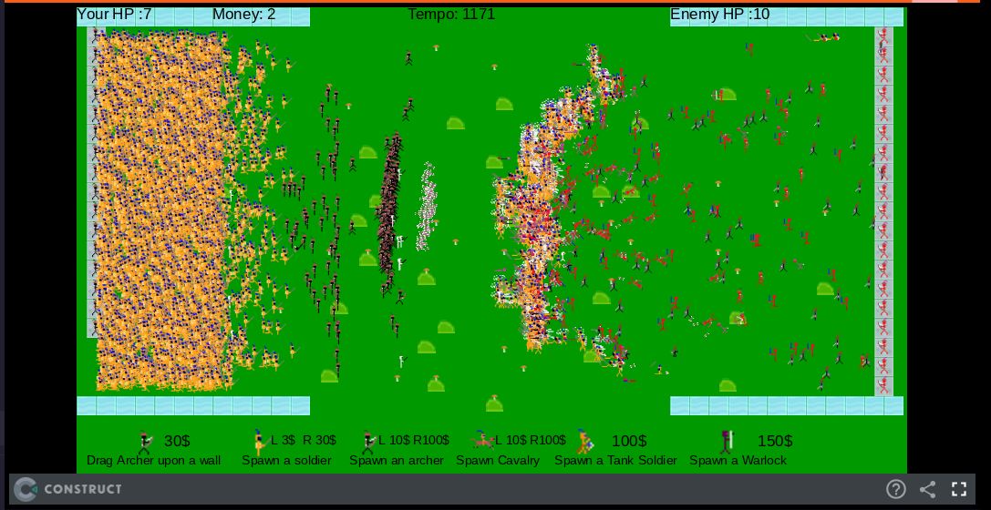 The image shows a real-time strategy game with a green background. The player's side is on the left, with their soldiers in a yellow color, and the enemy's side is on the right, with their soldiers in a mix of red, white, blue and purple. At the top of the screen, there are indicators for the player's health points (HP) and money, as well as the enemy's HP. At the bottom, there are options to spawn different types of units by dragging a unit onto the screen. The text on the image shows values for health and money, as well as descriptions of game units.