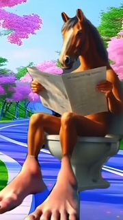 A digitally rendered image shows a horse-headed figure sitting on a toilet with a newspaper in hand. The figure has a human body and large feet, and is positioned on a toilet seat on what appears to be a street or pathway. Pink flowered trees are in the background.