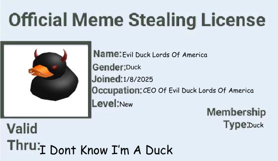 The image is a mock "Official Meme Stealing License" featuring a cartoon image of a black duck with small devil horns. The license includes the name "Evil Duck Lords Of America," gender "Duck," joined date "1/8/2025," occupation "CEO Of Evil Duck Lords Of America," level "New," and membership type "Duck." The license validity is marked "I Don't Know I'm A Duck."