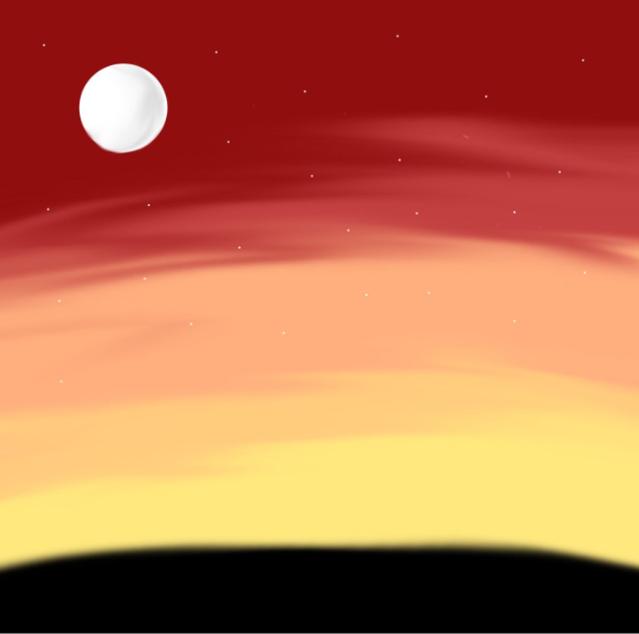 A digital painting of a sunset with a dark red sky fading into yellow near the horizon. A large white circle is in the upper-left corner, representing the moon, and small white dots are scattered throughout the sky, representing stars. The bottom of the image is a black solid area.