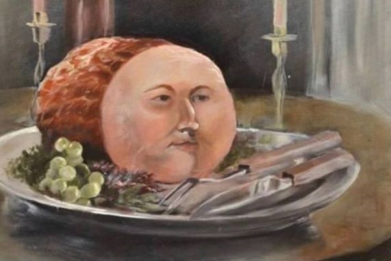 A painting depicts a table setting. The main subject is a ham with a human face. There are candles, cutlery, grapes, and other garnishes.