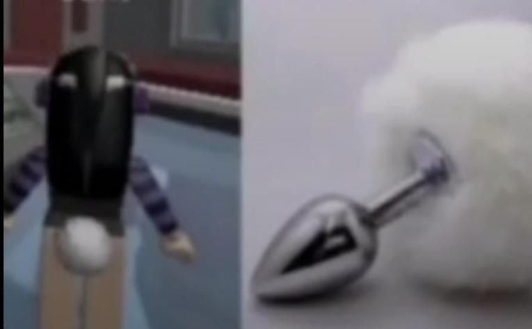 The image is split into two sections. On the left, there is a cartoon character from the back with a white, round object attached to its rear. On the right is a silver butt plug with a fluffy white tail. Both objects appear very similar.