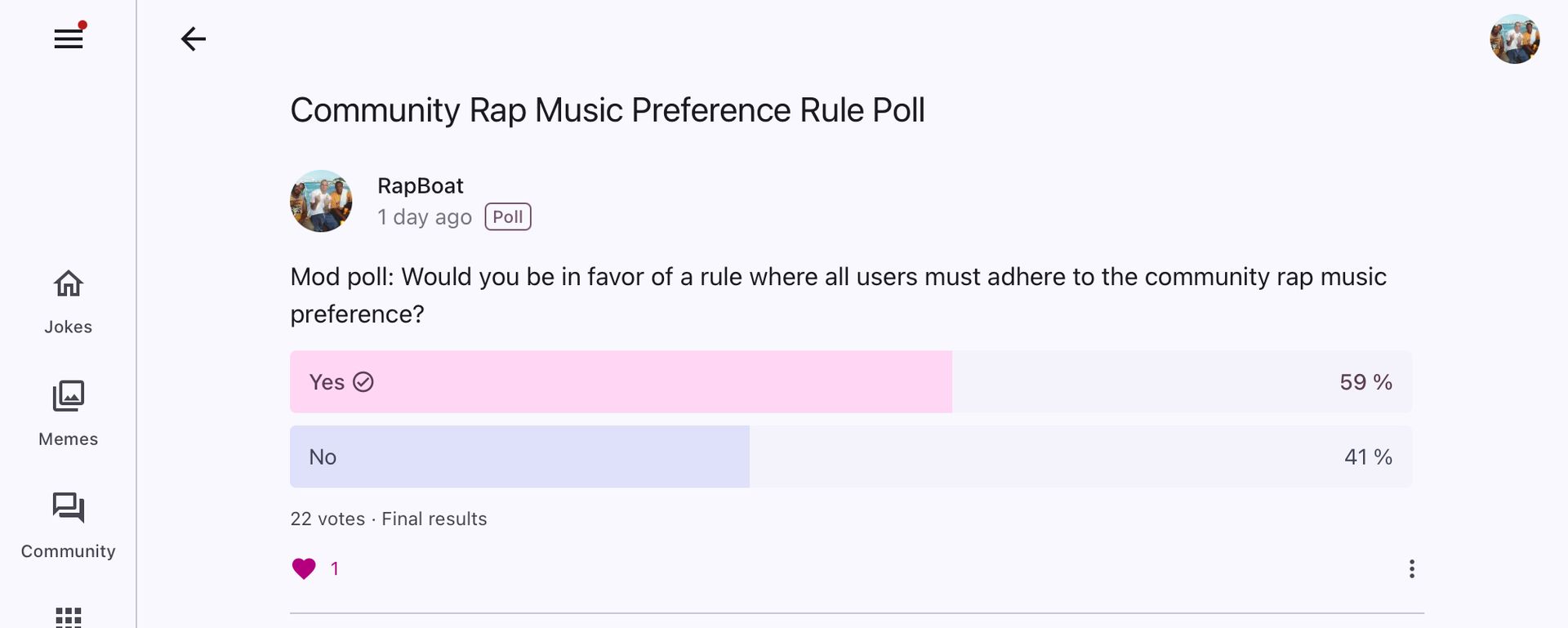 The image shows a poll titled "Community Rap Music Preference Rule Poll" asking if users would be in favor of a rule where everyone must adhere to the community rap music preference. 59% voted "Yes" and 41% voted "No", with a total of 22 votes.