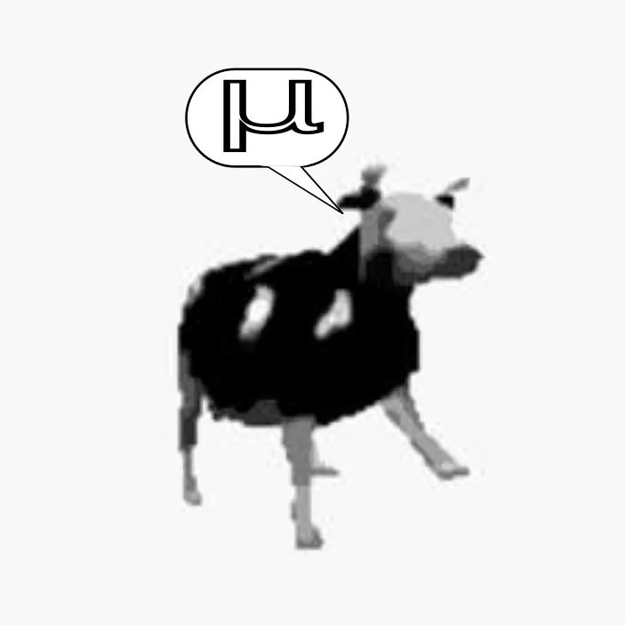 A black and white image of a cow with a speech bubble containing the Greek letter mu.