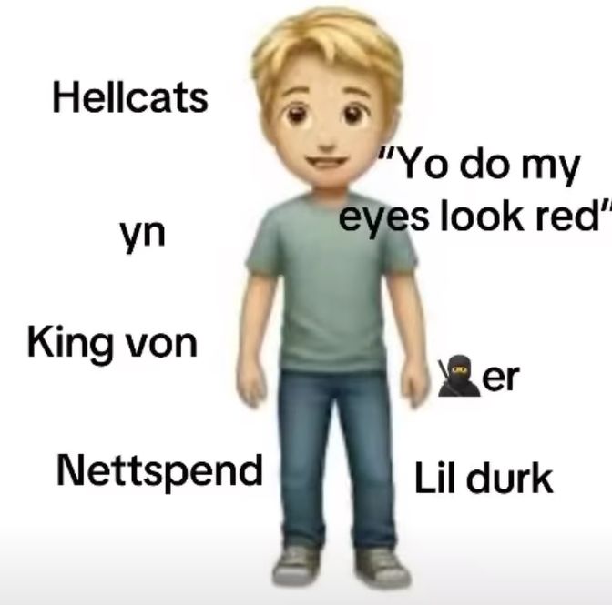 An image showing a blond emoji character with a neutral expression. Around the character, there are text labels: "Hellcats", "yn", "King von", "Nettspend", "Yo do my eyes look red", an emoji of a ninja, and "Lil durk".