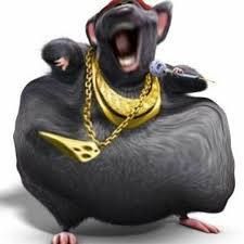 A large, cartoon rat with black fur, wearing a red cap and gold jewelry including a thick chain and a grill is yelling and standing on its hind legs. The background is plain white.