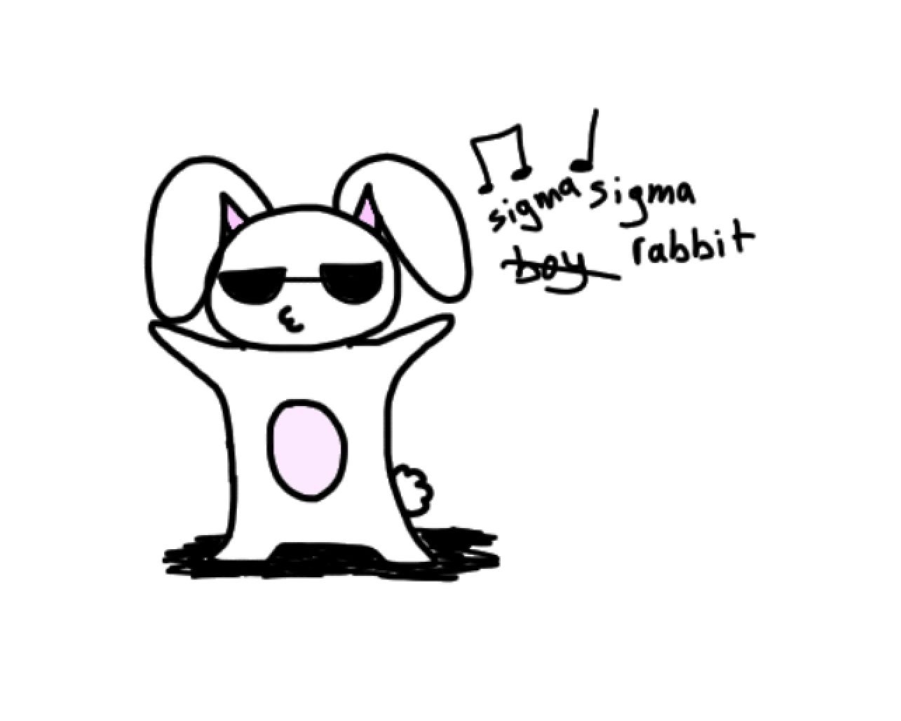 A drawing of a white rabbit with sunglasses on, with text that says 'sigma sigma boy rabbit', also music notes are drawn over the rabbit's head.