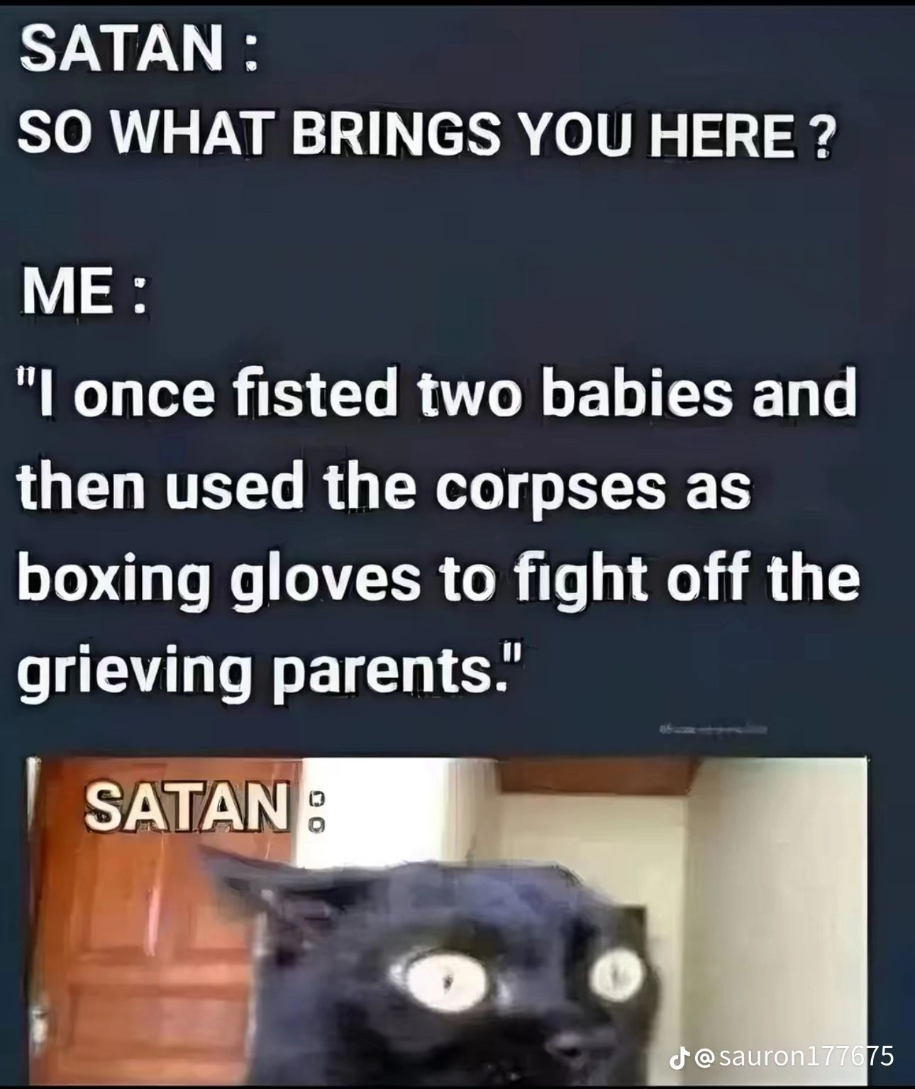 A meme with text on top that reads, "SATAN: SO WHAT BRINGS YOU HERE? ME: "I once fisted two babies and then used the corpses as boxing gloves to fight off the grieving parents." Underneath the text is an image of a black cat with wide eyes.