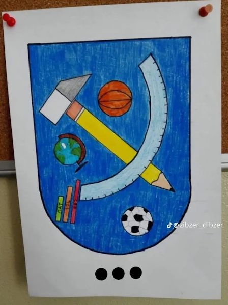 A drawing on white paper shows a blue emblem with a hammer and a pencil in place of a hammer and sickle symbol. Other items are drawn on the emblem, including a basketball, a soccer ball, a globe, a chart and three books. The text "@zibzer_dibzer" is in the bottom right corner.