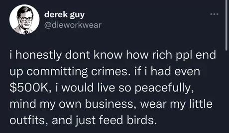 A tweet by derek guy @dieworkwear that reads: "i honestly dont know how rich ppl end up committing crimes. if i had even $500K, i would live so peacefully, mind my own business, wear my little outfits, and just feed birds."