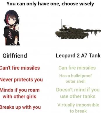 The image presents a comparison between a "Girlfriend" and a "Leopard 2 A7 Tank". The "Girlfriend" side lists negatives such as "Can't fire missiles", "Never protects you", "Minds if you roam with other girls", and "Breaks up with you". The "Leopard 2 A7 Tank" side lists positives like "Can fire missiles", "Has a bulletproof outer shell", "Doesn't mind if you use other tanks", and "Virtually impossible to break."