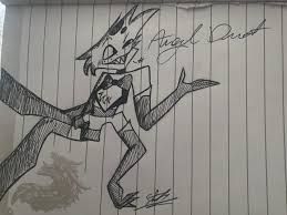 A black and white sketch of a character named Angel Dust in a playful pose. It is done with ink on lined paper. The name "Angel Dust" is written in cursive above the figure. There is also a faint outline of a dragon below him.